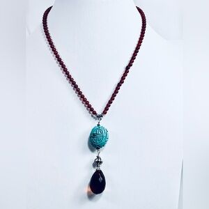 Vintage Sterling, Carnelian Carved Turquoise & Faceted Amber Teardrop Necklace